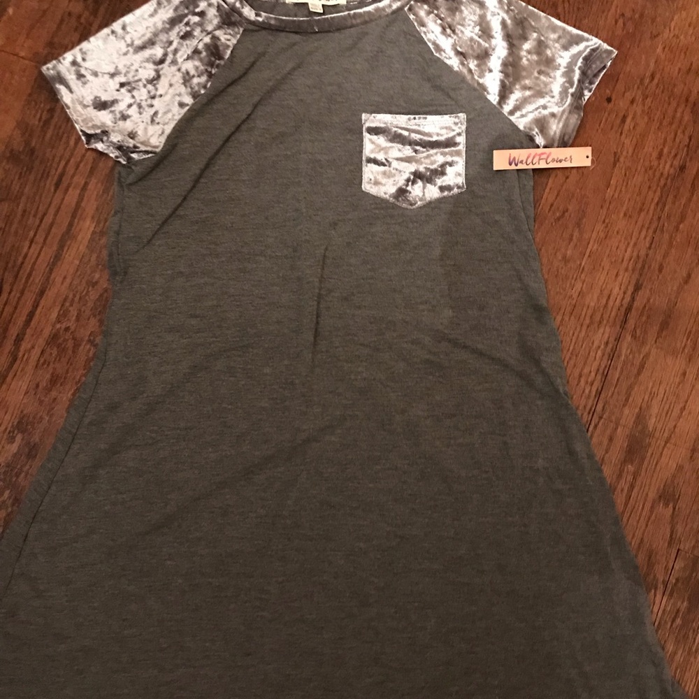 Grey dress with grey velour trim and sleeves